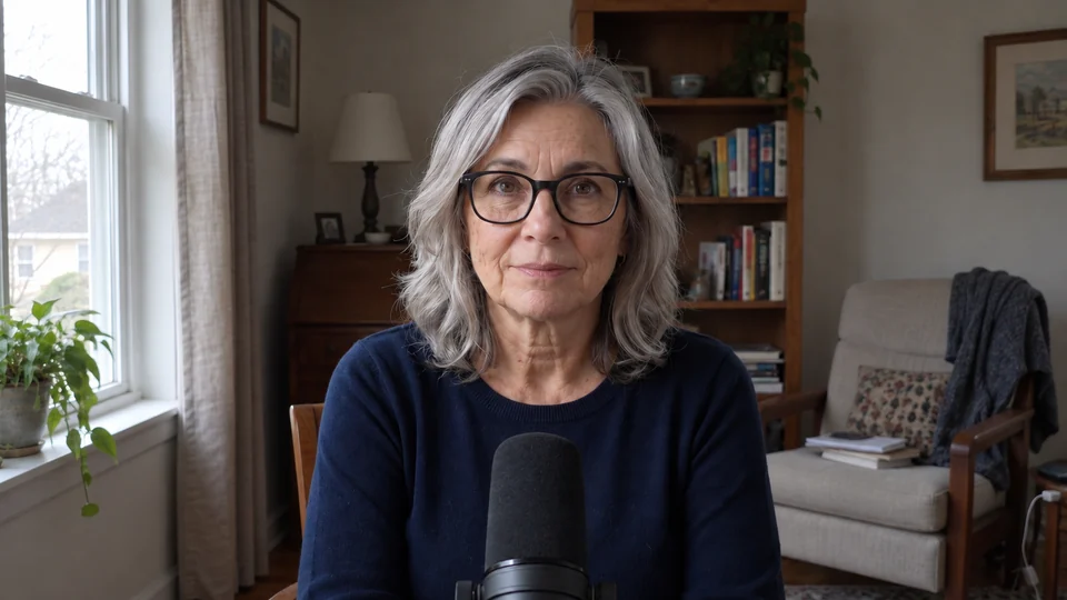 Maggie, an AI-generated presenter, facing the camera with a microphone in her everyday home setting.